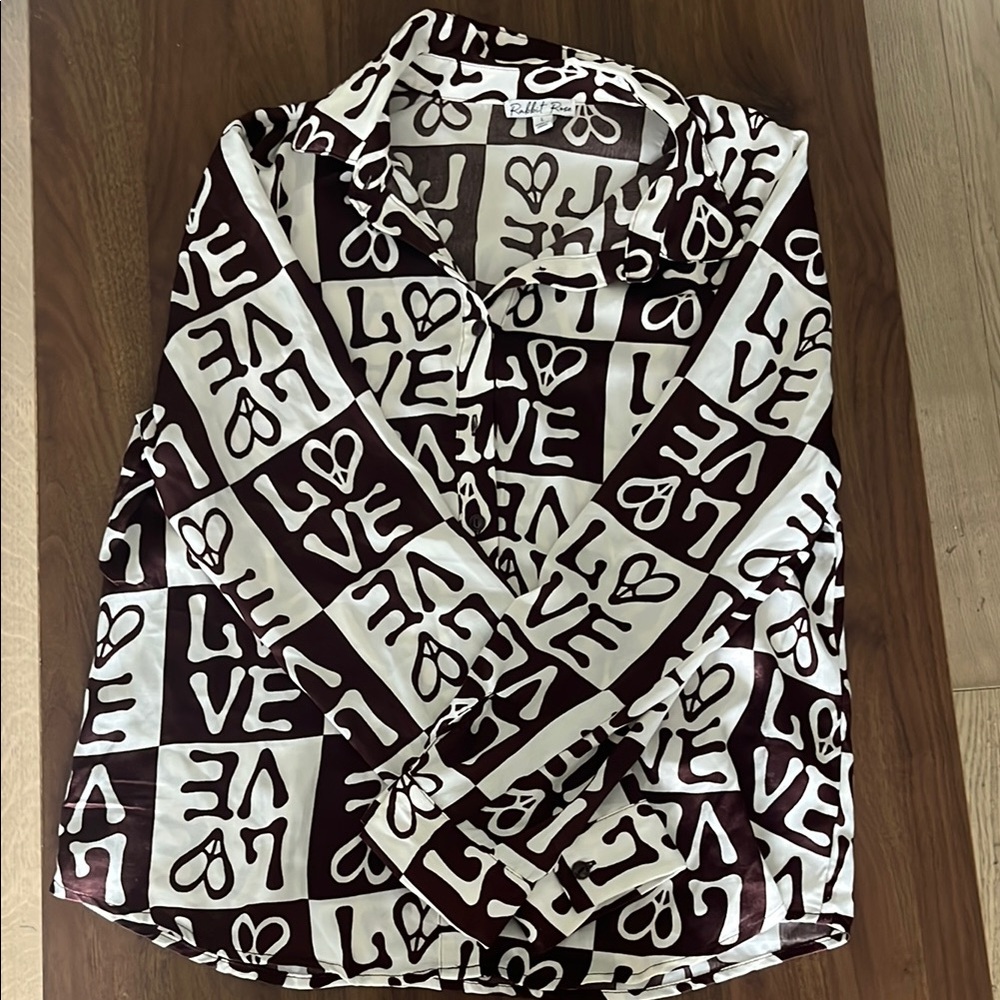 Love Print Women's Blouse - Brown and White